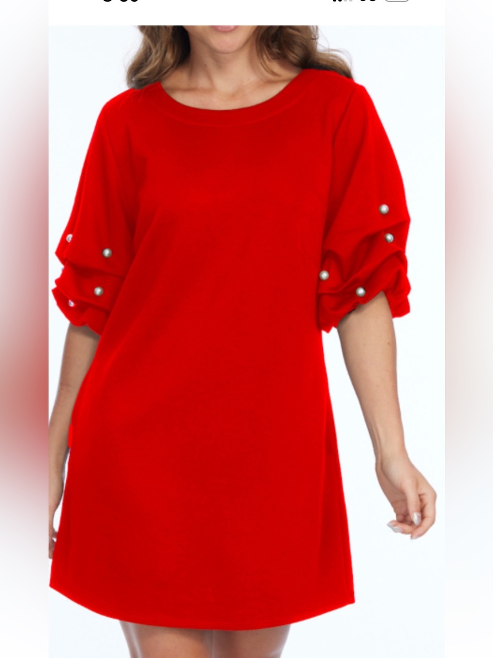 MSK red cocktail dress with puff sleeve and white pearls size XL